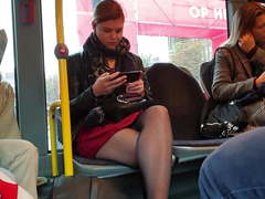 Sexy pantyhose legs on bus