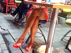 Her Sexy sitting upskirt, sexy legs feets toes